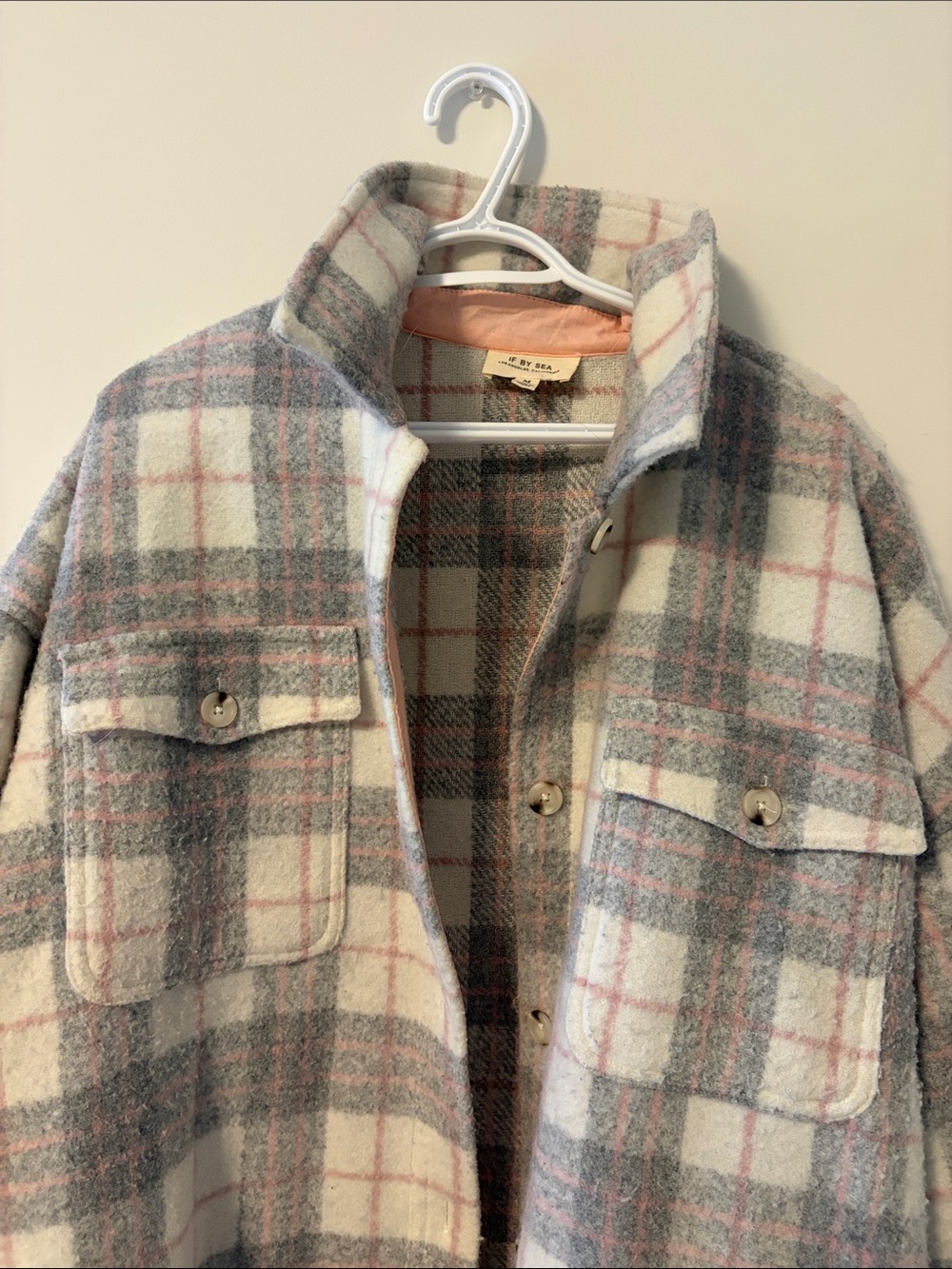 Plaid Long Wool-Blend Shacket Coat in Gray, Pink & Cream - Picture 2 of 4